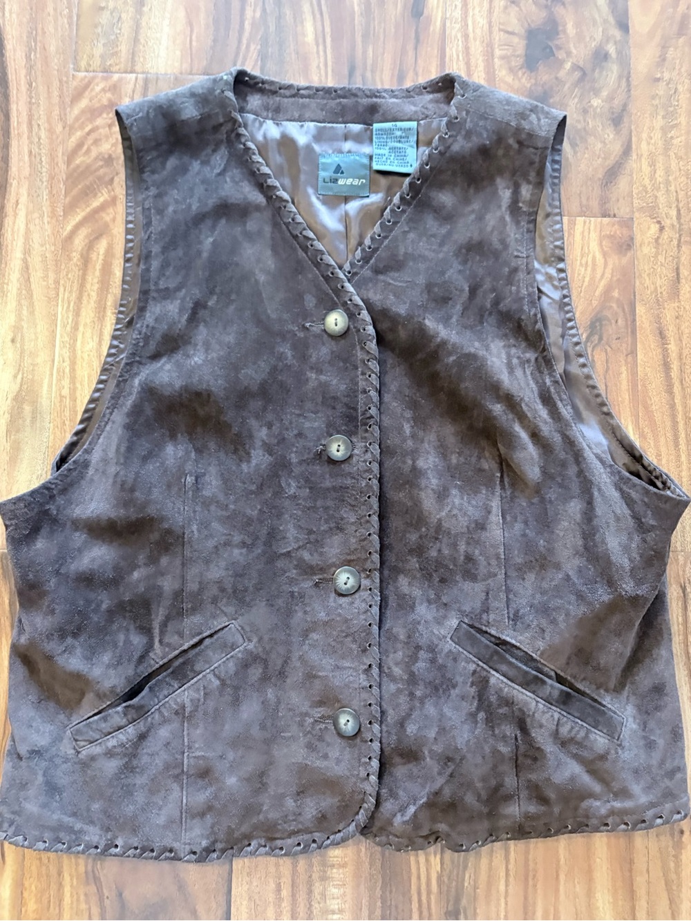 Liz Wear Liz Claiborne Vintage Blanket Stitch Brown Suede Western Vest Size 14 L